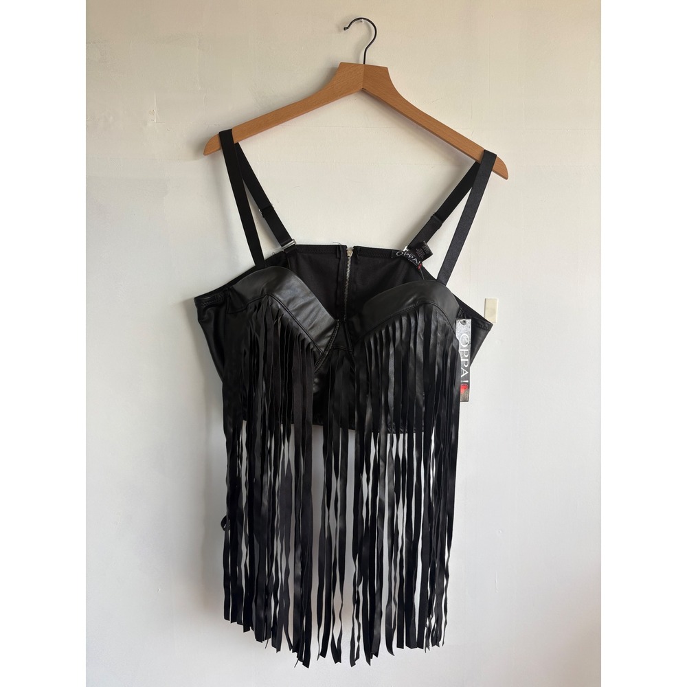 Oppa! Womens Black Faux Leather Fringe Corset Crop Top Front Zip 2X NEW gothcore